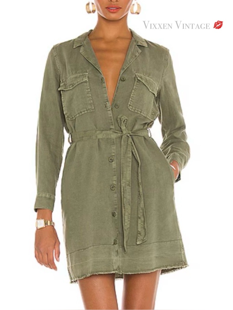 Bella Dahl Long Sleeve Belted Raw Hem ‘Utility Shirt Dress’ In Olive